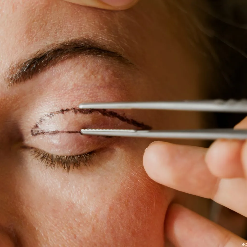 Blépharoplastie : tracé chirurgical de la paupière supérieure mesuré au compas