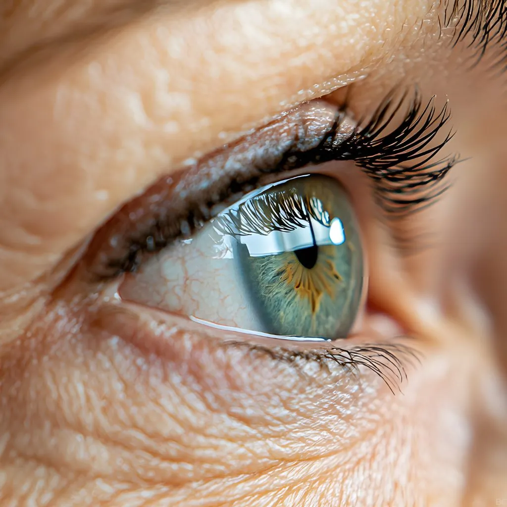 Gros plan sur le contour de l'œil et les ridules de la paupière, indication de blépharoplastie
