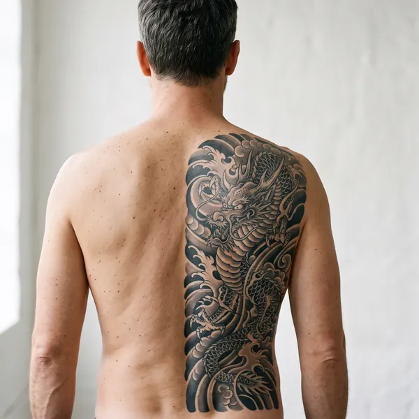Grand dragon japonais tatoué sur la moitié du dos, plus de 500 cm²
