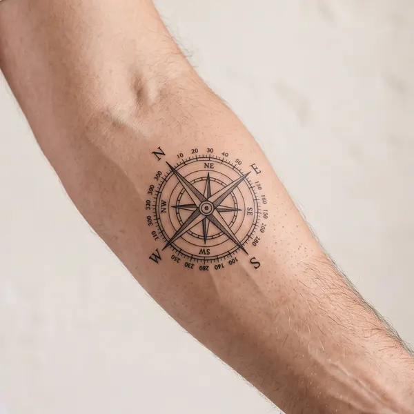 Rose des vents tatouée sur l’avant-bras, taille M
