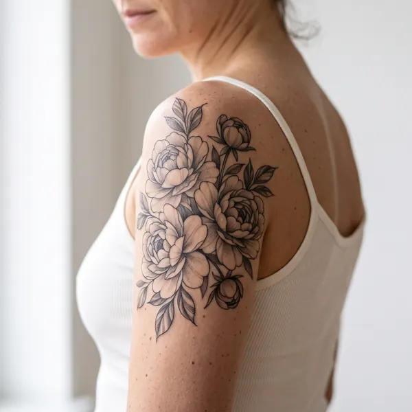 Bouquet de pivoines tatoué sur le haut du bras, taille XL