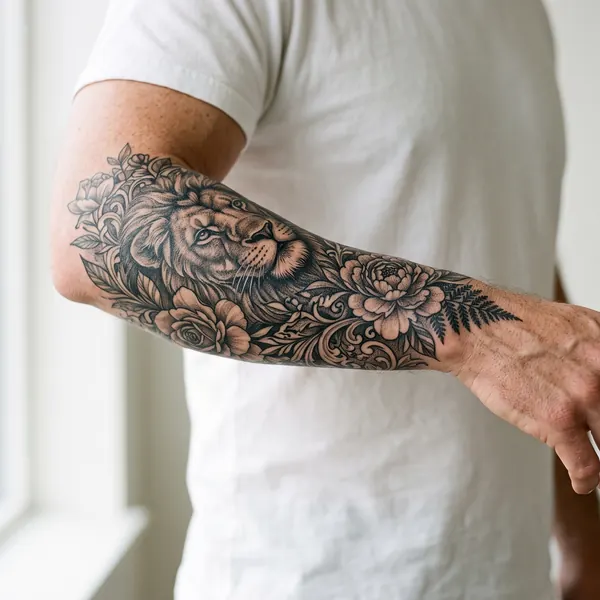 Lion et fleurs tatoués sur tout l’avant-bras, taille XXL