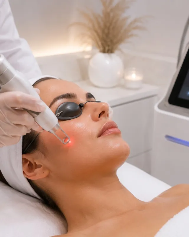 Séance de laser CO2 fractionné sur le visage, lunettes de protection — Beauvoir Clinic, Waterloo