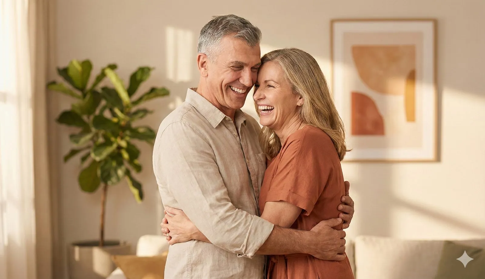 Couple d'une cinquantaine d'années souriant, approche longévité et médecine fonctionnelle — Beauvoir Clinic