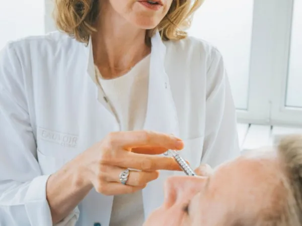 Préparation d'une injection Profhilo par la praticienne, patiente allongée