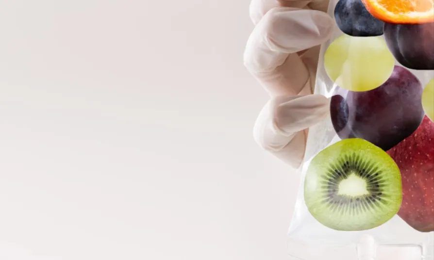 Vitaminothérapie IV : poche de perfusion illustrée de fruits frais