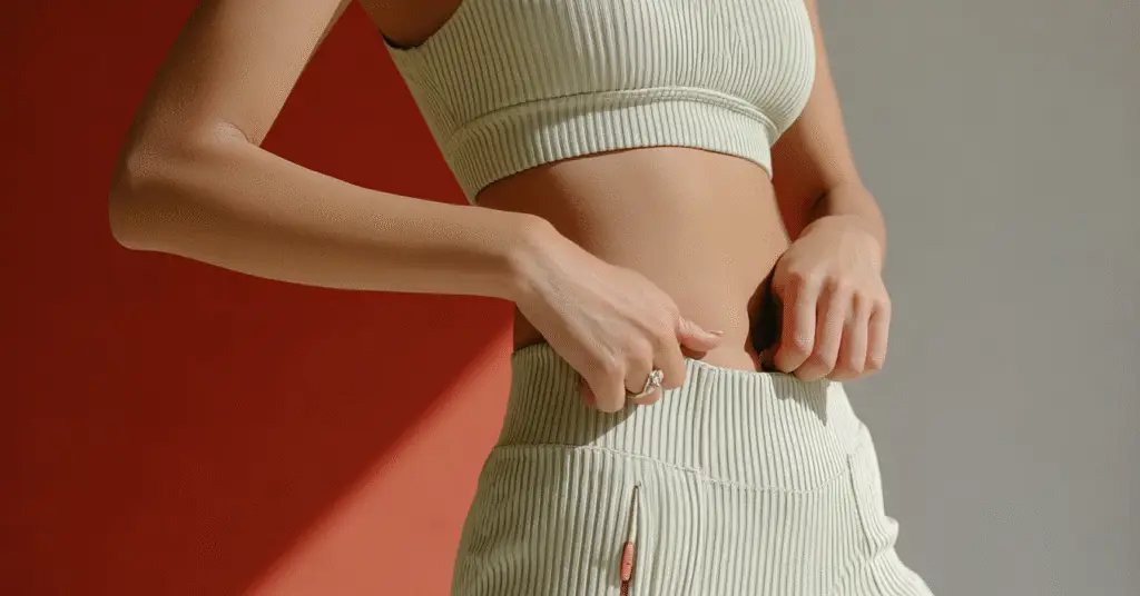 Femme ajustant un ensemble de sport beige