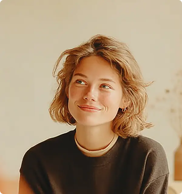 Femme souriante aux cheveux courts en intérieur