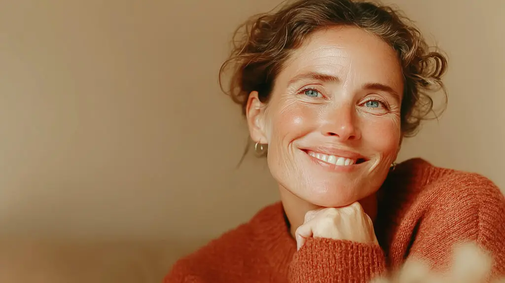 Femme souriante en pull orange regardant la caméra