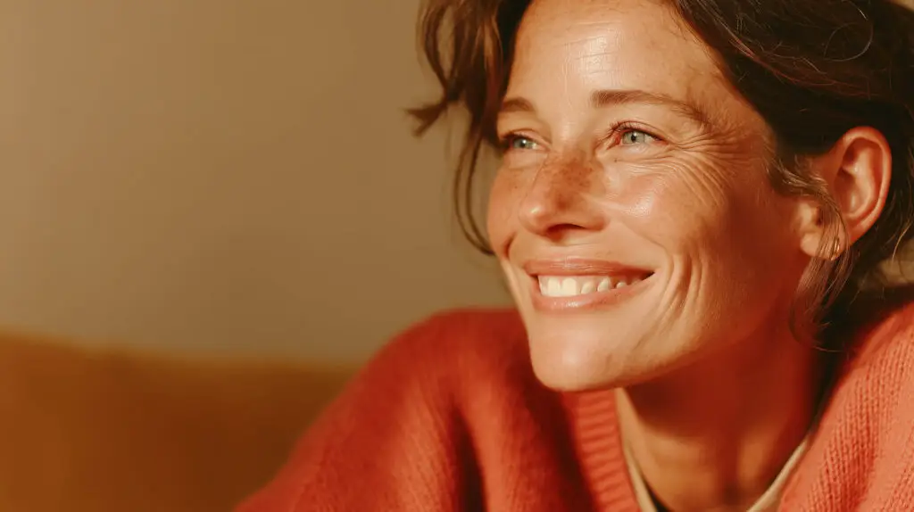 Femme souriante portant un pull orange