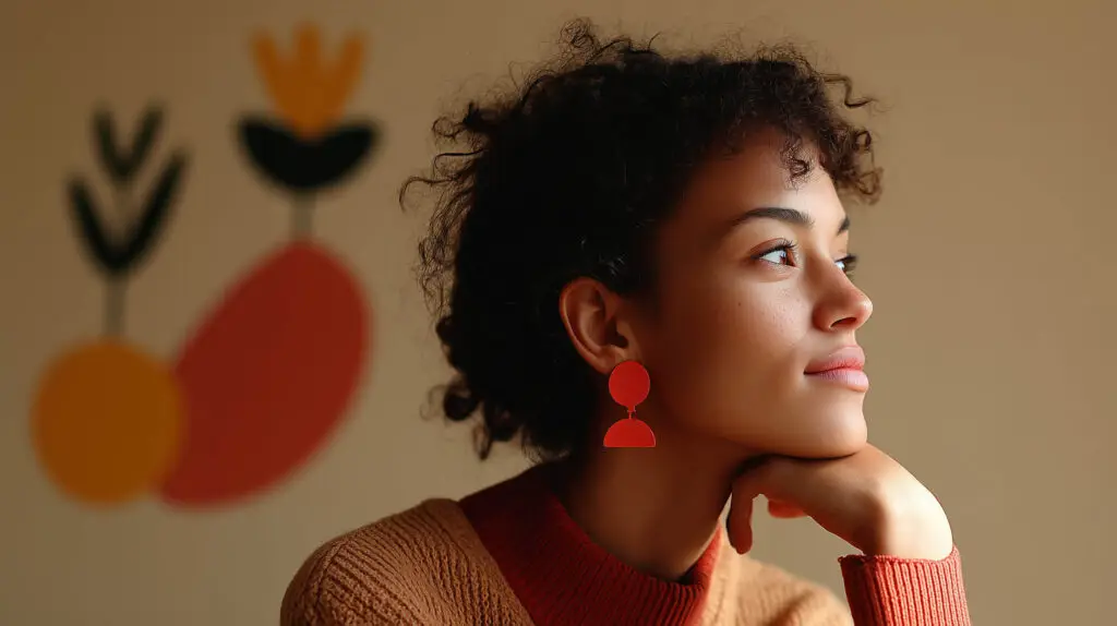 Femme pensive portant des boucles d’oreilles rouges