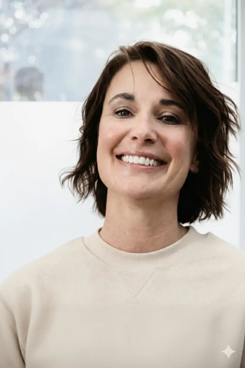 Femme souriante portant un pull beige