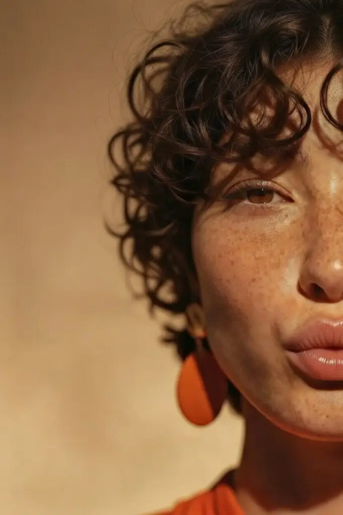 Portrait rapproché d’une femme aux boucles brunes.