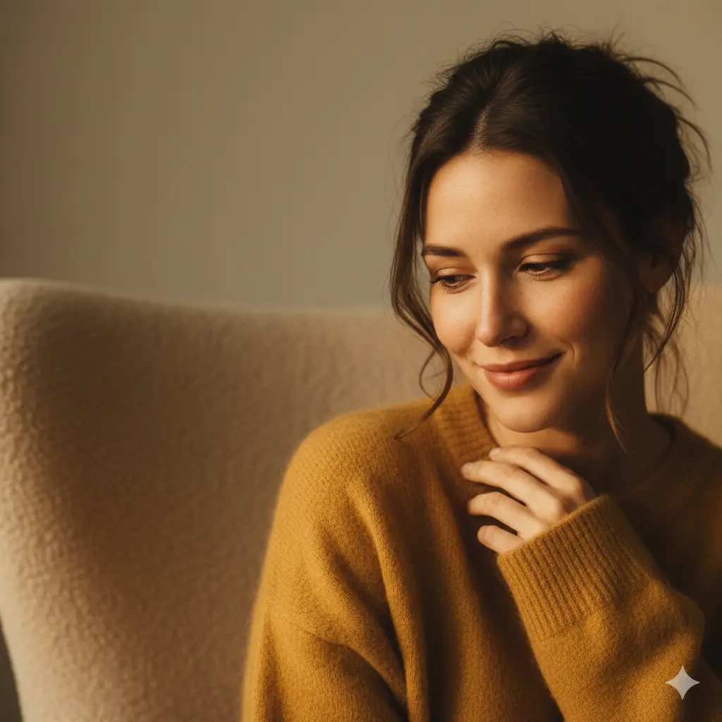 Femme souriante portant un pull marron