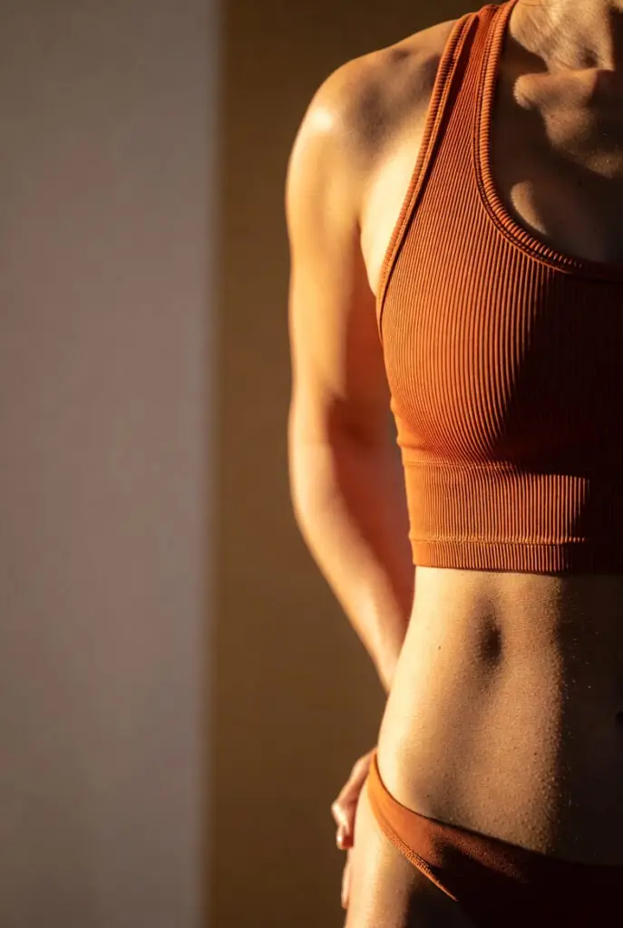 Femme en tenue de sport orange au soleil
